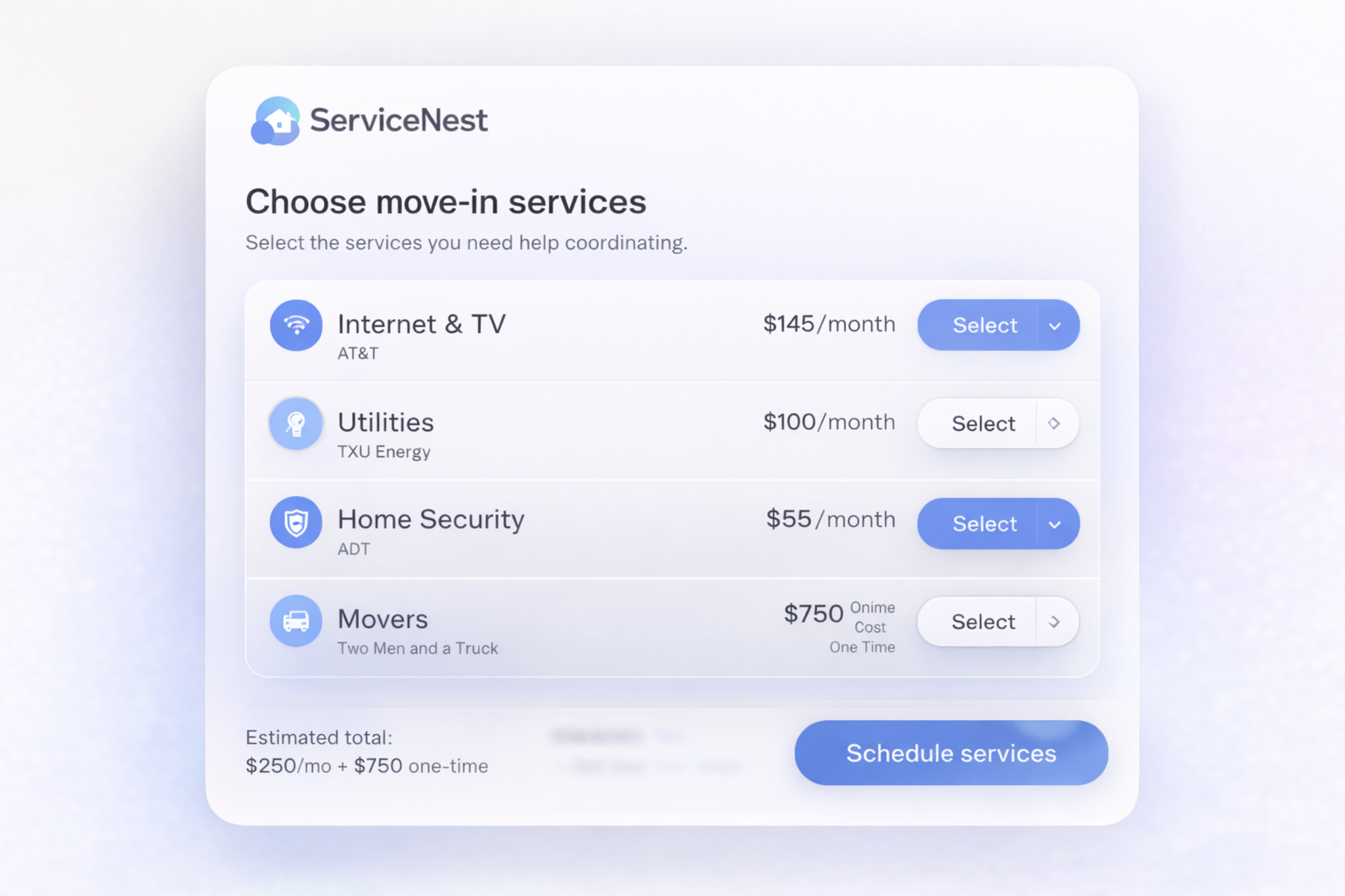 ServiceNest service-selection preview showing common move-in services